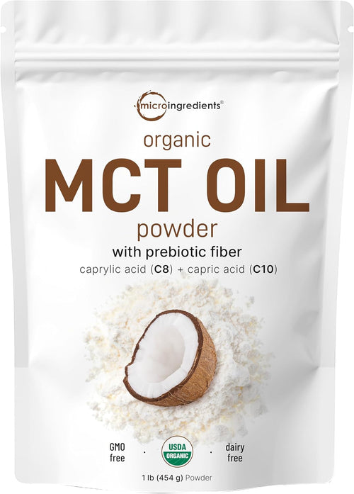Polvo de Aceite MCT Orgánico con Fibra Prebiótica, 1 Libra (16 Onzas) | Energía Rápida para el Cuerpo y el Cerebro | Aceite MCT C8 para Cremas de Café | Sin OGM, Dieta Keto, Vegano